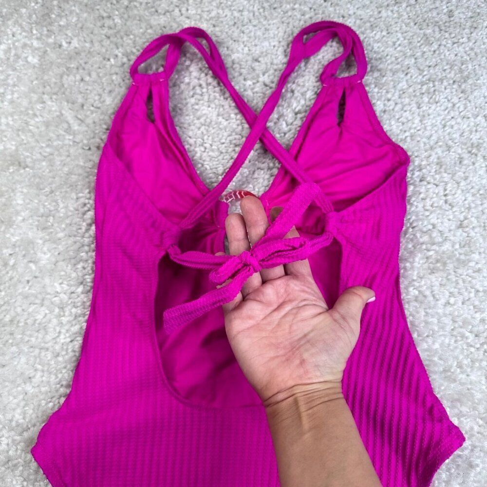 Becca One Piece Ring Center Tie Back Swimsuit Azalea Pink Large - Picture 7 of 9